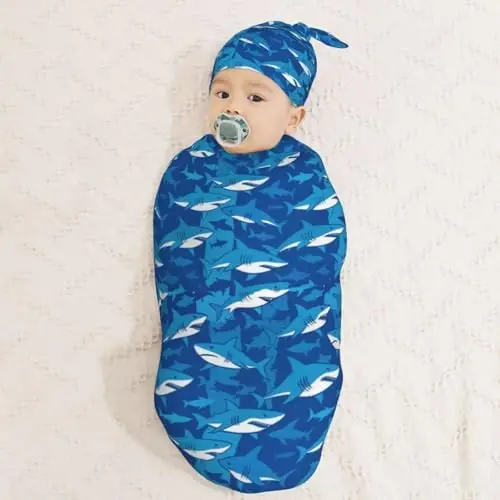 Muishi Blue Sharks Newborn Swaddle Blankets Hat Sets Soft Baby Receiving Blanket Swaddle Sack for Baby Shower Infant Boy Girl Gift - 3