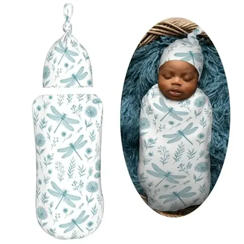 Muishi Blue Dragonfly Newborn Swaddle Blankets Hat Sets Soft Baby Receiving Blanket Swaddle Sack for Baby Shower Infant Boy Girl Gift - 2