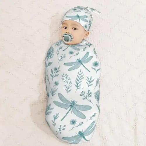 Muishi Blue Dragonfly Newborn Swaddle Blankets Hat Sets Soft Baby Receiving Blanket Swaddle Sack for Baby Shower Infant Boy Girl Gift - 3