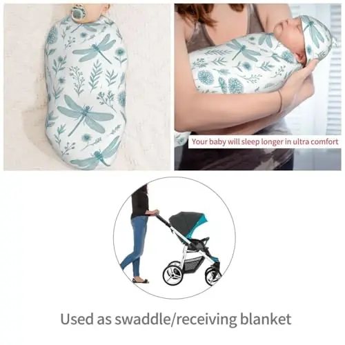 Muishi Blue Dragonfly Newborn Swaddle Blankets Hat Sets Soft Baby Receiving Blanket Swaddle Sack for Baby Shower Infant Boy Girl Gift - 4