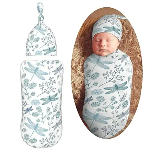 Muishi Blue Dragonfly Newborn Swaddle Blankets Hat Sets Soft Baby Receiving Blanket Swaddle Sack for Baby Shower Infant Boy Girl Gift - 1