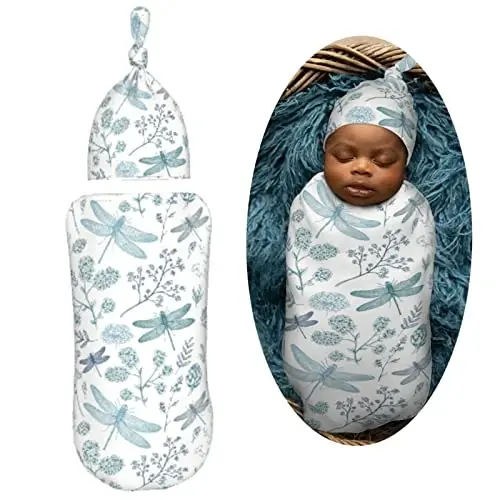 Muishi Blue Dragonfly Newborn Swaddle Blankets Hat Sets Soft Baby Receiving Blanket Swaddle Sack for Baby Shower Infant Boy Girl Gift - 2