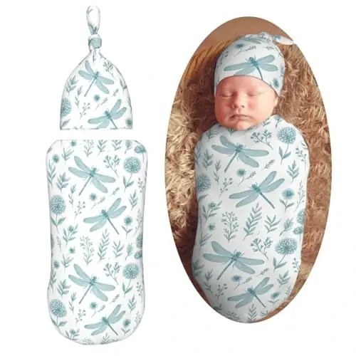 Muishi Blue Dragonfly Newborn Swaddle Blankets Hat Sets Soft Baby Receiving Blanket Swaddle Sack for Baby Shower Infant Boy Girl Gift 