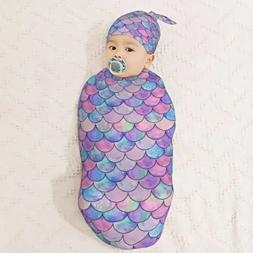 Muishi Mermaid Scales Newborn Swaddle Blankets Hat Sets Soft Baby Receiving Blanket Swaddle Sack for Baby Shower Infant Boy Girl Gift - 3
