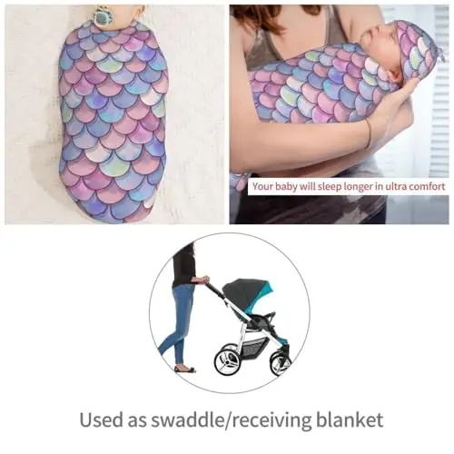 Muishi Mermaid Scales Newborn Swaddle Blankets Hat Sets Soft Baby Receiving Blanket Swaddle Sack for Baby Shower Infant Boy Girl Gift - 4