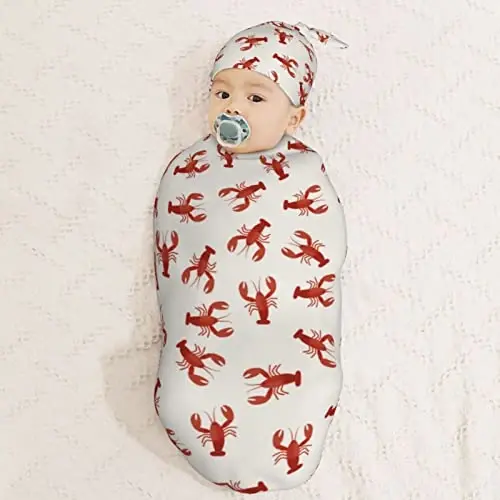 Muishi Red Lobsters Crawfish Newborn Swaddle Blankets Hat Sets Soft Baby Receiving Blanket Swaddle Sack for Baby Shower Infant Boy Girl Gift - 3