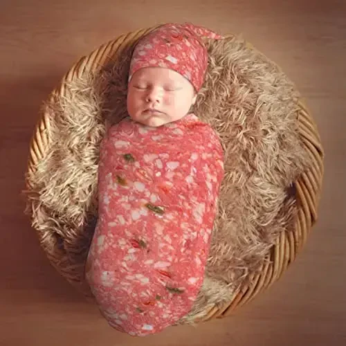 Muishi Salami Smoked Sausage Slices Funny Food Newborn Swaddle Blankets Hat Sets Soft Baby Receiving Blanket Swaddle Sack for Baby Shower Infant Boy Girl Gift - 7