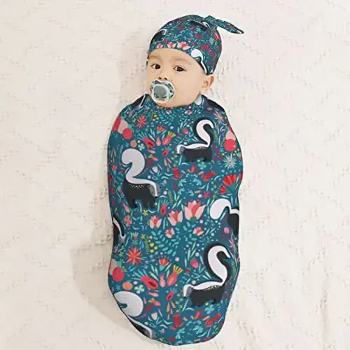 Muishi Cute Floral Skunks Newborn Swaddle Blankets Hat Sets Soft Baby Receiving Blanket Swaddle Sack for Baby Shower Infant Boy Girl Gift - 3