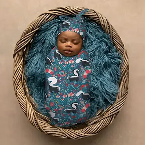Muishi Cute Floral Skunks Newborn Swaddle Blankets Hat Sets Soft Baby Receiving Blanket Swaddle Sack for Baby Shower Infant Boy Girl Gift - 6