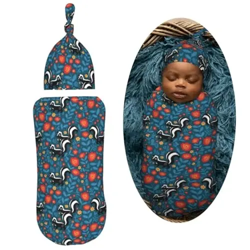 Muishi Cute Floral Skunks Newborn Swaddle Blankets Hat Sets Soft Baby Receiving Blanket Swaddle Sack for Baby Shower Infant Boy Girl Gift - 2