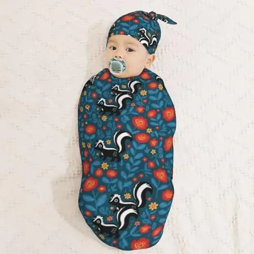 Muishi Cute Floral Skunks Newborn Swaddle Blankets Hat Sets Soft Baby Receiving Blanket Swaddle Sack for Baby Shower Infant Boy Girl Gift - 3