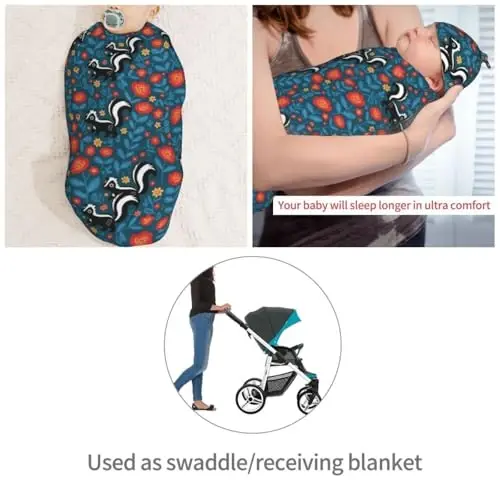 Muishi Cute Floral Skunks Newborn Swaddle Blankets Hat Sets Soft Baby Receiving Blanket Swaddle Sack for Baby Shower Infant Boy Girl Gift - 4