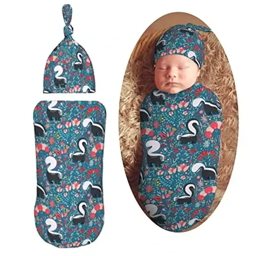 Muishi Cute Floral Skunks Newborn Swaddle Blankets Hat Sets Soft Baby Receiving Blanket Swaddle Sack for Baby Shower Infant Boy Girl Gift - MODAZONE