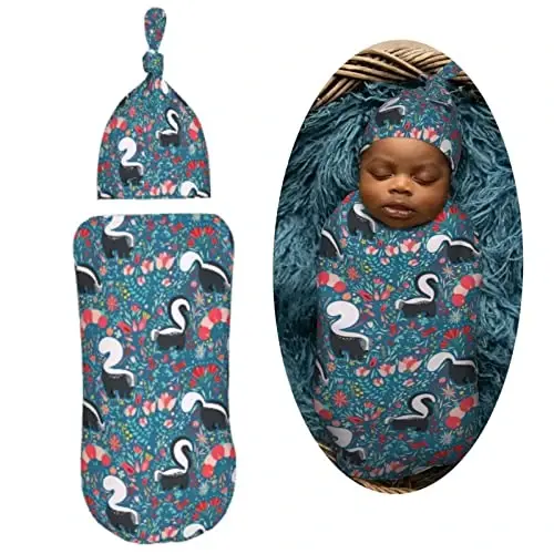 Muishi Cute Floral Skunks Newborn Swaddle Blankets Hat Sets Soft Baby Receiving Blanket Swaddle Sack for Baby Shower Infant Boy Girl Gift - 2