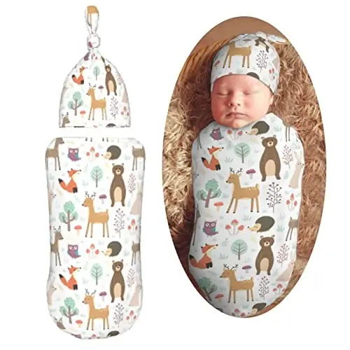 Muishi Cute Animals Fox Bear Deer Newborn Swaddle Blankets Hat Sets Soft Baby Receiving Blanket Swaddle Sack for Baby Shower Infant Boy Girl Gift - MODAZONE