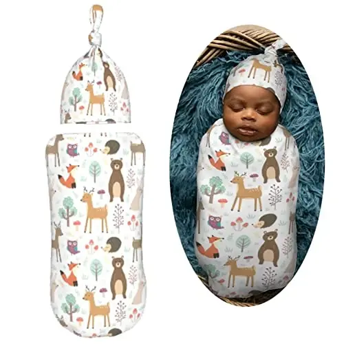 Muishi Cute Animals Fox Bear Deer Newborn Swaddle Blankets Hat Sets Soft Baby Receiving Blanket Swaddle Sack for Baby Shower Infant Boy Girl Gift - MODAZONE (1)