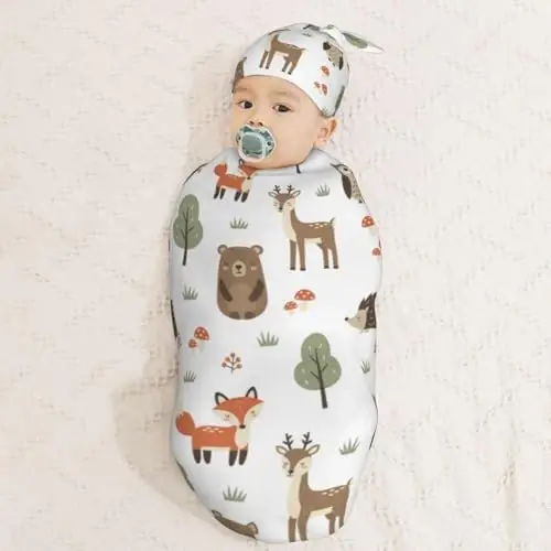 Muishi Cute Animals Fox Bear Deer Newborn Swaddle Blankets Hat Sets Soft Baby Receiving Blanket Swaddle Sack for Baby Shower Infant Boy Girl Gift - 3