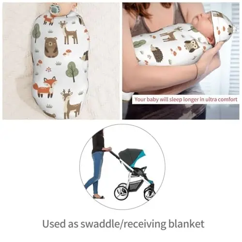 Muishi Cute Animals Fox Bear Deer Newborn Swaddle Blankets Hat Sets Soft Baby Receiving Blanket Swaddle Sack for Baby Shower Infant Boy Girl Gift - 4