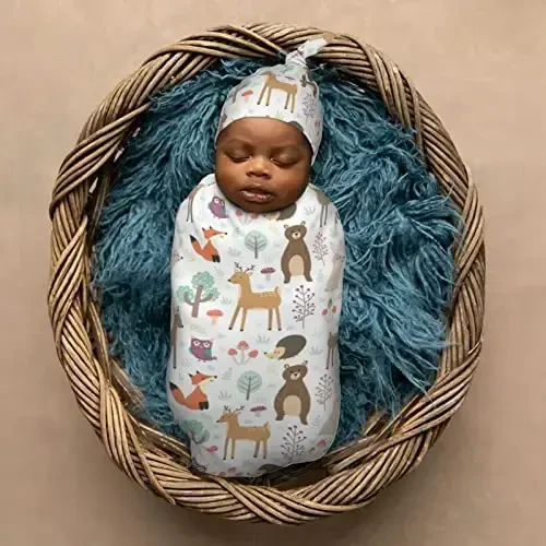 Muishi Cute Animals Fox Bear Deer Newborn Swaddle Blankets Hat Sets Soft Baby Receiving Blanket Swaddle Sack for Baby Shower Infant Boy Girl Gift - 6