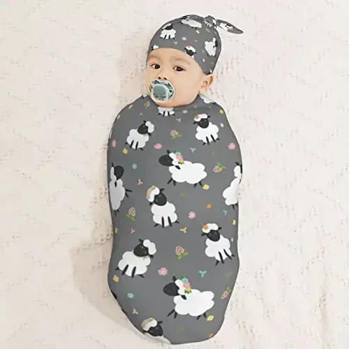 Muishi Cute Sheep Lambs Newborn Swaddle Blankets Hat Sets Soft Baby Receiving Blanket Swaddle Sack for Baby Shower Infant Boy Girl Gift - 3