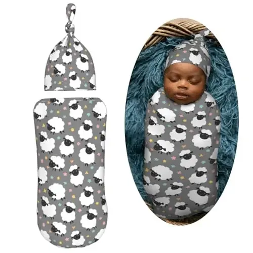 Muishi Cute Sheep Lambs Newborn Swaddle Blankets Hat Sets Soft Baby Receiving Blanket Swaddle Sack for Baby Shower Infant Boy Girl Gift - MUISHI (1)