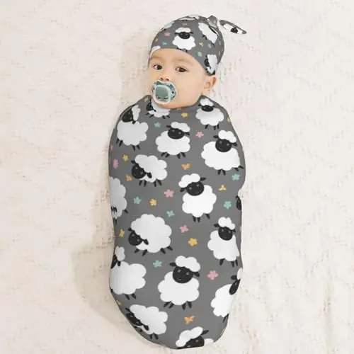 Muishi Cute Sheep Lambs Newborn Swaddle Blankets Hat Sets Soft Baby Receiving Blanket Swaddle Sack for Baby Shower Infant Boy Girl Gift - 3
