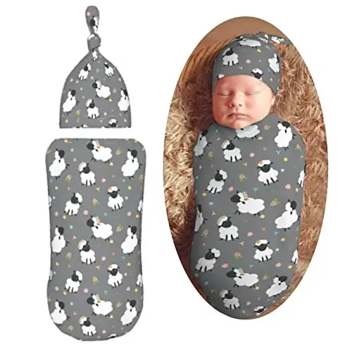 Muishi Cute Sheep Lambs Newborn Swaddle Blankets Hat Sets Soft Baby Receiving Blanket Swaddle Sack for Baby Shower Infant Boy Girl Gift - 1