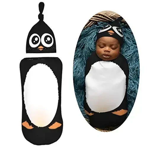Muishi Cute Penguin Newborn Swaddle Blankets Hat Sets Soft Baby Receiving Blanket Swaddle Sack for Baby Shower Infant Boy Girl Gift - MODAZONE (1)