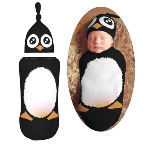 Muishi Cute Penguin Newborn Swaddle Blankets Hat Sets Soft Baby Receiving Blanket Swaddle for Baby Shower Infant Boy Girl Gift 