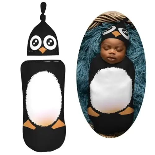 Muishi Cute Penguin Newborn Swaddle Blankets Hat Sets Soft Baby Receiving Blanket Swaddle for Baby Shower Infant Boy Girl Gift - MUISHI (1)