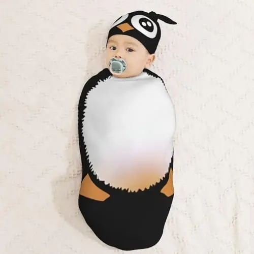 Muishi Cute Penguin Newborn Swaddle Blankets Hat Sets Soft Baby Receiving Blanket Swaddle for Baby Shower Infant Boy Girl Gift - 3
