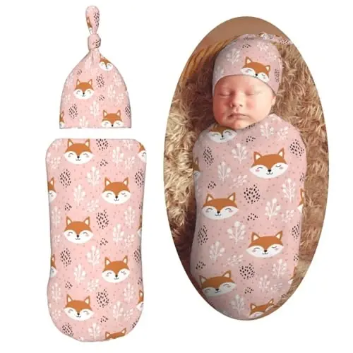 Muishi Cute Fox Pink Newborn Swaddle Blankets Hat Sets Soft Baby Receiving Blanket Swaddle Sack for Baby Shower Infant Boy Girl Gift 