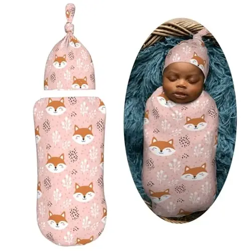 Muishi Cute Fox Pink Newborn Swaddle Blankets Hat Sets Soft Baby Receiving Blanket Swaddle Sack for Baby Shower Infant Boy Girl Gift - MUISHI (1)