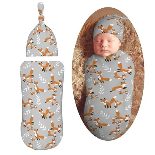 Muishi Cute Foxes Leaves Gray Newborn Swaddle Blankets Hat Sets Soft Baby Receiving Blanket Swaddle Sack for Baby Shower Infant Boy Girl Gift - MUISHI