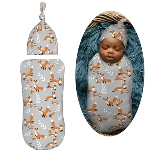 Muishi Cute Foxes Leaves Gray Newborn Swaddle Blankets Hat Sets Soft Baby Receiving Blanket Swaddle Sack for Baby Shower Infant Boy Girl Gift - 2