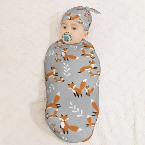 Muishi Cute Foxes Leaves Gray Newborn Swaddle Blankets Hat Sets Soft Baby Receiving Blanket Swaddle Sack for Baby Shower Infant Boy Girl Gift - 3