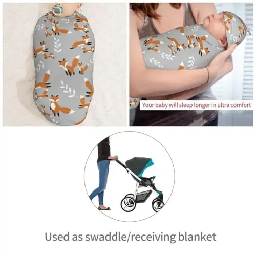Muishi Cute Foxes Leaves Gray Newborn Swaddle Blankets Hat Sets Soft Baby Receiving Blanket Swaddle Sack for Baby Shower Infant Boy Girl Gift - 4