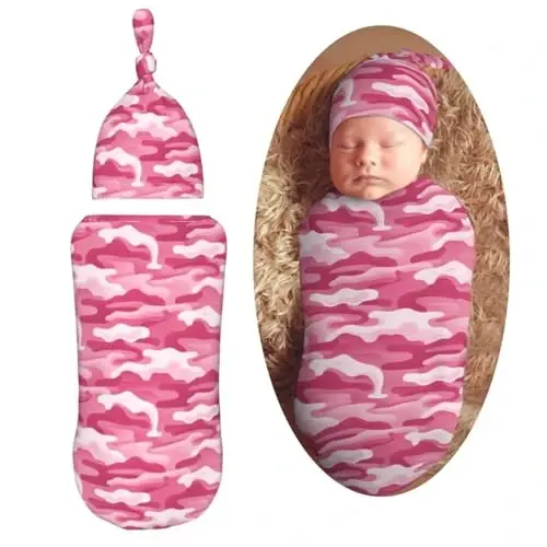Muishi Abstract Camouflage Pink Camo Newborn Swaddle Blankets Hat Sets Soft Baby Receiving Blanket Swaddle Sack for Baby Shower Infant Boy Girl Gift 