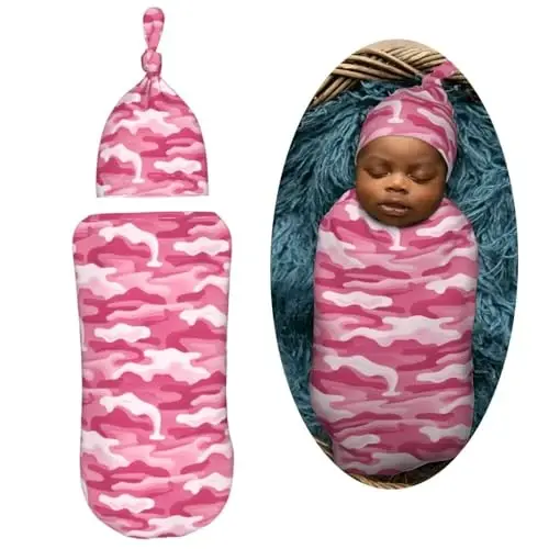 Muishi Abstract Camouflage Pink Camo Newborn Swaddle Blankets Hat Sets Soft Baby Receiving Blanket Swaddle Sack for Baby Shower Infant Boy Girl Gift - MUISHI (1)