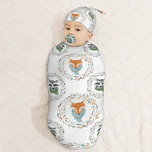 Muishi Watercolor Fox Raccoon Newborn Swaddle Blankets Hat Sets Soft Baby Receiving Blanket Swaddle Sack for Baby Shower Infant Boy Girl Gift - 3