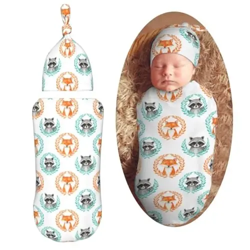 Muishi Watercolor Fox Raccoon Newborn Swaddle Blankets Hat Sets Soft Baby Receiving Blanket Swaddle Sack for Baby Shower Infant Boy Girl Gift 