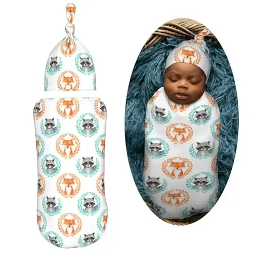 Muishi Watercolor Fox Raccoon Newborn Swaddle Blankets Hat Sets Soft Baby Receiving Blanket Swaddle Sack for Baby Shower Infant Boy Girl Gift - MUISHI (1)