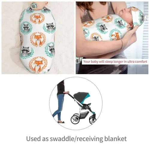 Muishi Watercolor Fox Raccoon Newborn Swaddle Blankets Hat Sets Soft Baby Receiving Blanket Swaddle Sack for Baby Shower Infant Boy Girl Gift - 4