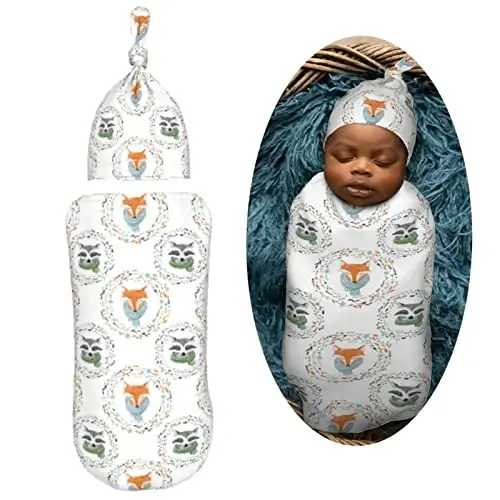 Muishi Watercolor Fox Raccoon Newborn Swaddle Blankets Hat Sets Soft Baby Receiving Blanket Swaddle Sack for Baby Shower Infant Boy Girl Gift - 2