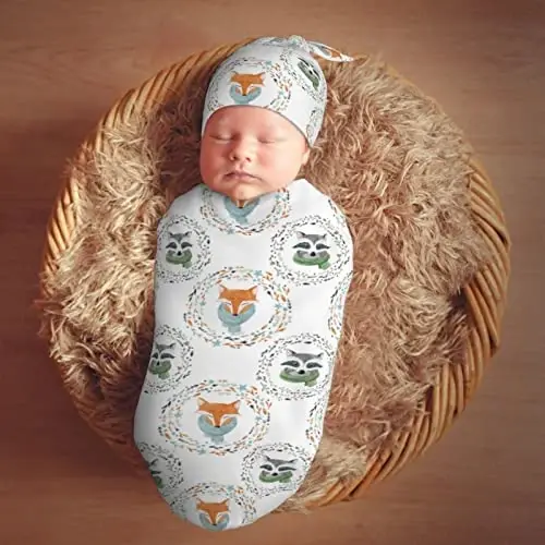 Muishi Watercolor Fox Raccoon Newborn Swaddle Blankets Hat Sets Soft Baby Receiving Blanket Swaddle Sack for Baby Shower Infant Boy Girl Gift - 7