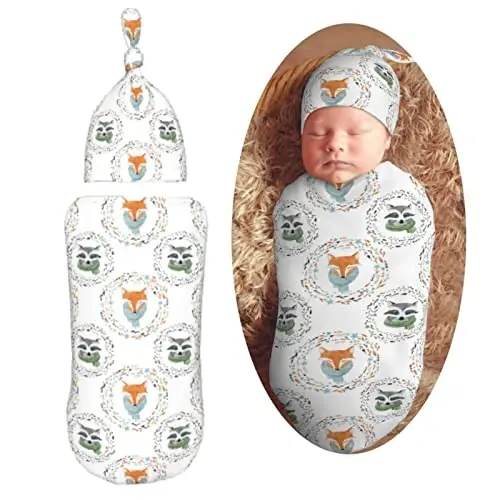 Muishi Watercolor Fox Raccoon Newborn Swaddle Blankets Hat Sets Soft Baby Receiving Blanket Swaddle Sack for Baby Shower Infant Boy Girl Gift - 1
