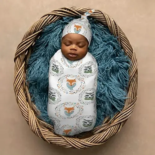 Muishi Watercolor Fox Raccoon Newborn Swaddle Blankets Hat Sets Soft Baby Receiving Blanket Swaddle Sack for Baby Shower Infant Boy Girl Gift - 6