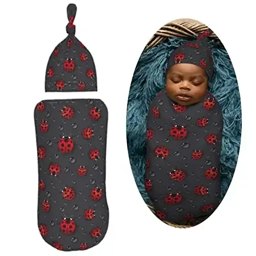 Muishi Ladybug Rain Newborn Swaddle Blankets Hat Sets Soft Baby Receiving Blanket Swaddle Sack for Baby Shower Infant Boy Girl Gift - 2