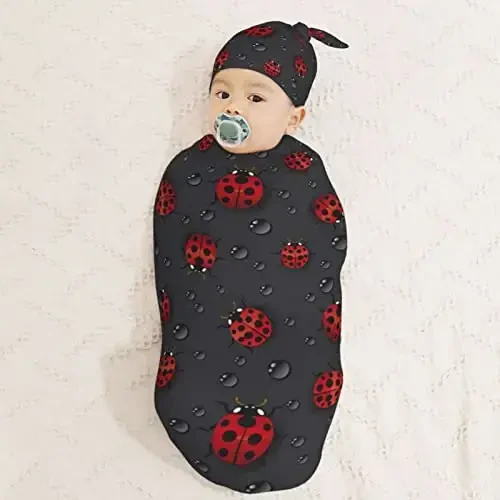 Muishi Ladybug Rain Newborn Swaddle Blankets Hat Sets Soft Baby Receiving Blanket Swaddle Sack for Baby Shower Infant Boy Girl Gift - 3