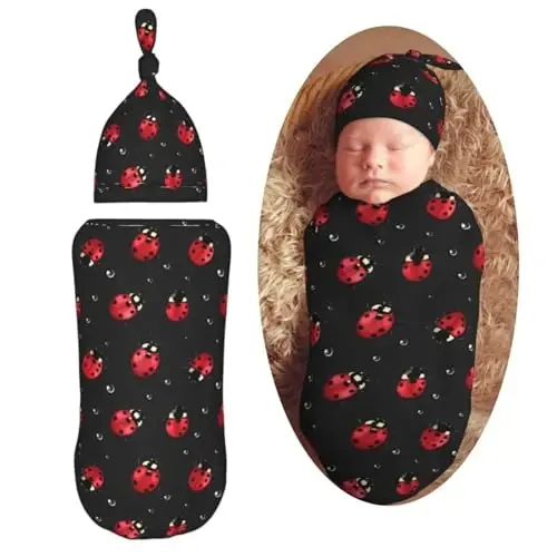 Muishi Ladybug Rain Newborn Swaddle Blankets Hat Sets Soft Baby Receiving Blanket Swaddle Sack for Baby Shower Infant Boy Girl Gift 
